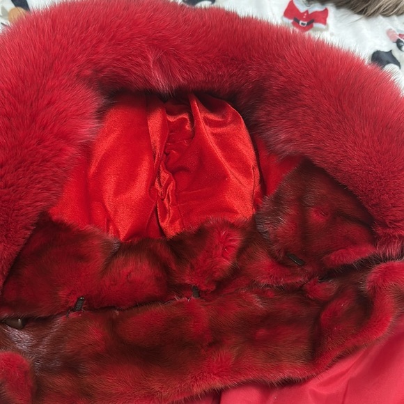 Custom made red mink with fox trimmed hood. - Picture 9 of 15